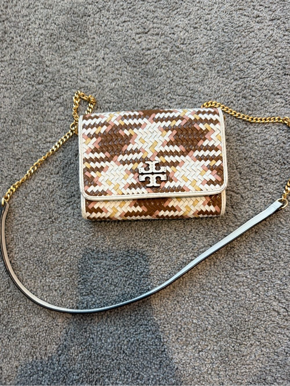 Tory Burch Woven Mini Crossbody in Beige, Brown & Pink